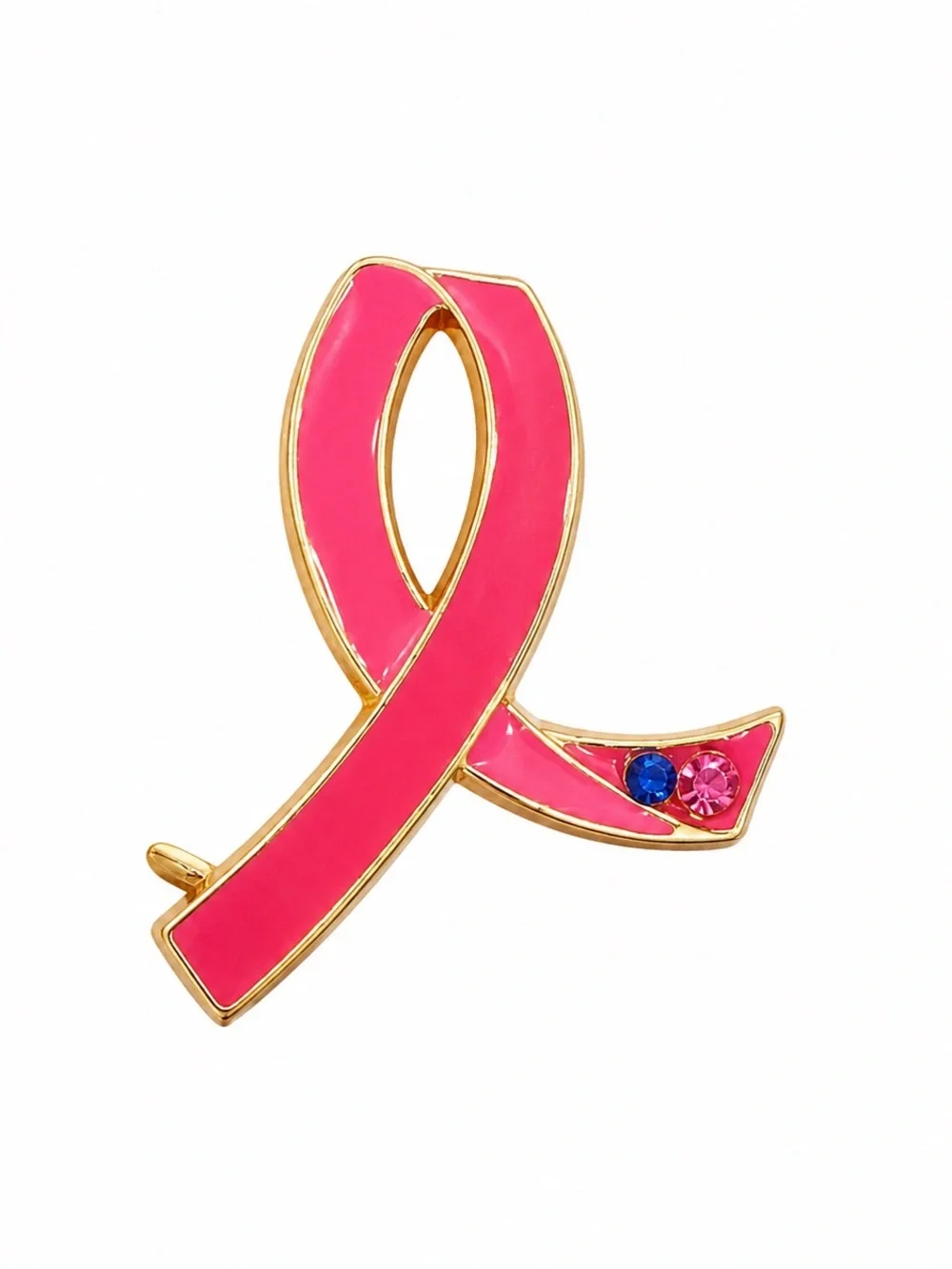 Pink Breast Cancer Awareness Ribbon Gold Tone Enamel Rhinestone Lapel Pin Brooch